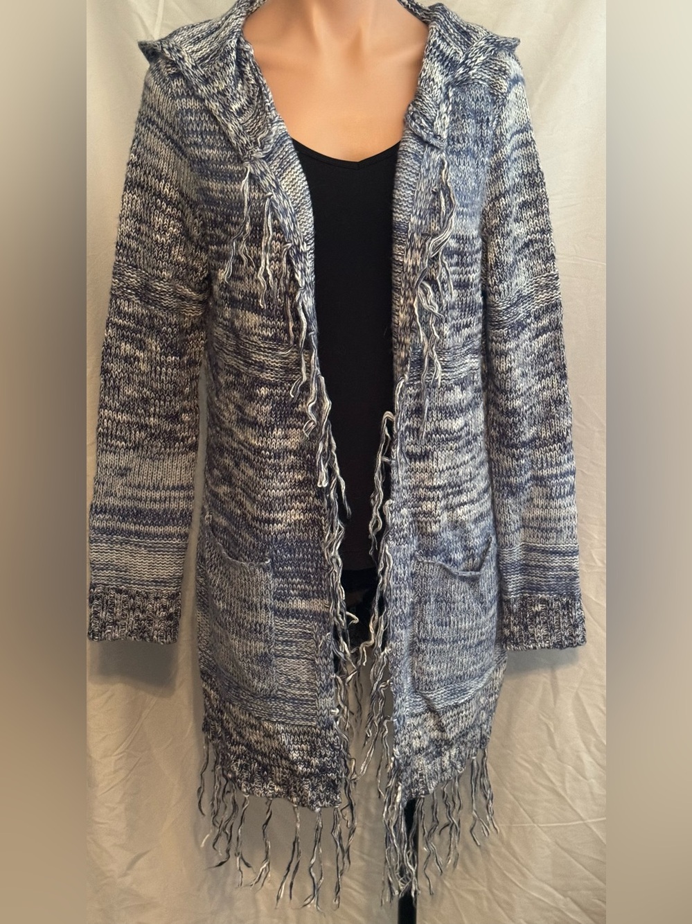 Full Tilt Blue and White Marled Hooded Fringe Cardigan